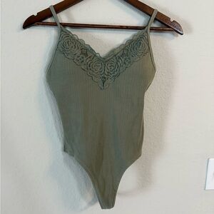 Victoria’s Secret PINK Olive Green Lace Trim Bodysuit